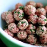 italian romano mini meatballs in a pyrex bowl