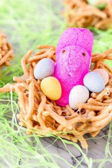 no bake birds nest cookies with peeps chicks and candy eggs