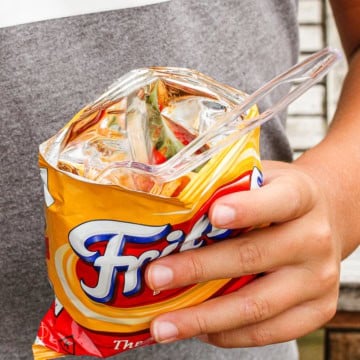 walking taco in a fritos bag with a plastic fork
