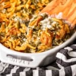 3-ingredient easy green bean casserole recipe in an oval white staub baking dish