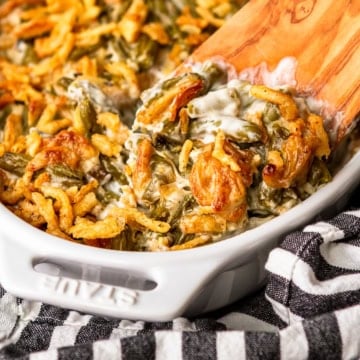 3-ingredient easy green bean casserole recipe in an oval white staub baking dish