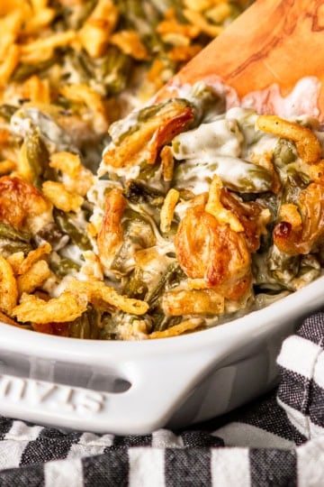 3-ingredient easy green bean casserole recipe in an oval white staub baking dish