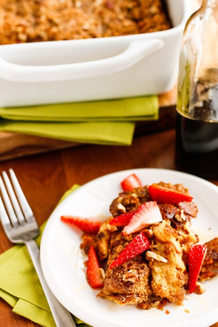 easy french toast casserole topped with fresh strawberries