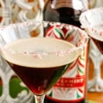 peppermint espresso martini cocktail garnished with crushed peppermint candy