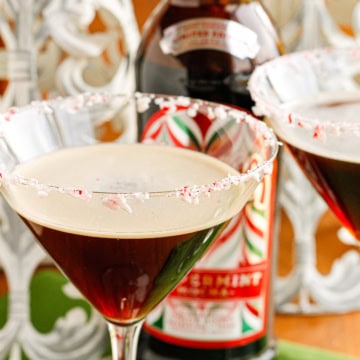 peppermint espresso martini cocktail garnished with crushed peppermint candy