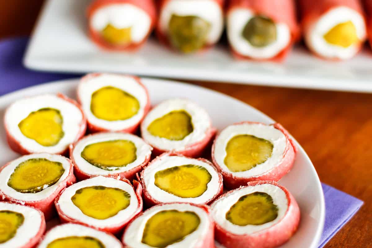 pickle roll ups are dill pickle slices wrapped in cream cheese and dried beef