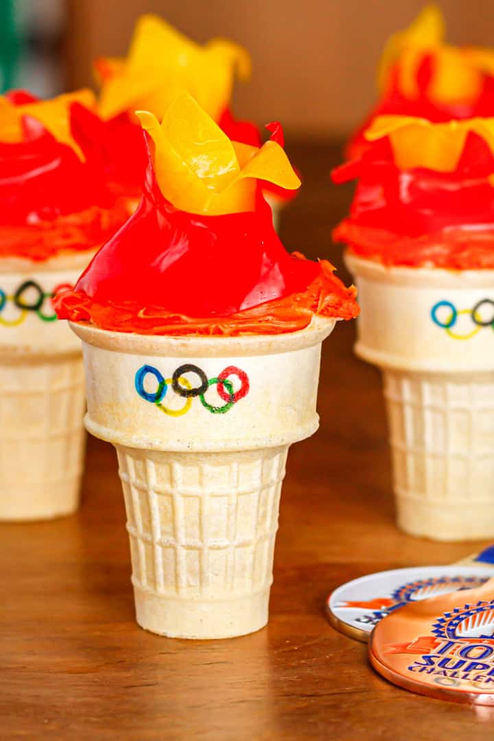 olympic torch cupcakes with fruit roll-up flames