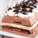 ice cream cake recipe made with ice cream sandwiches on a white rectangular platter