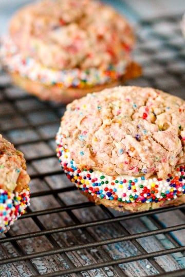 funfetti birthday cake cookies on a wire cooling rack