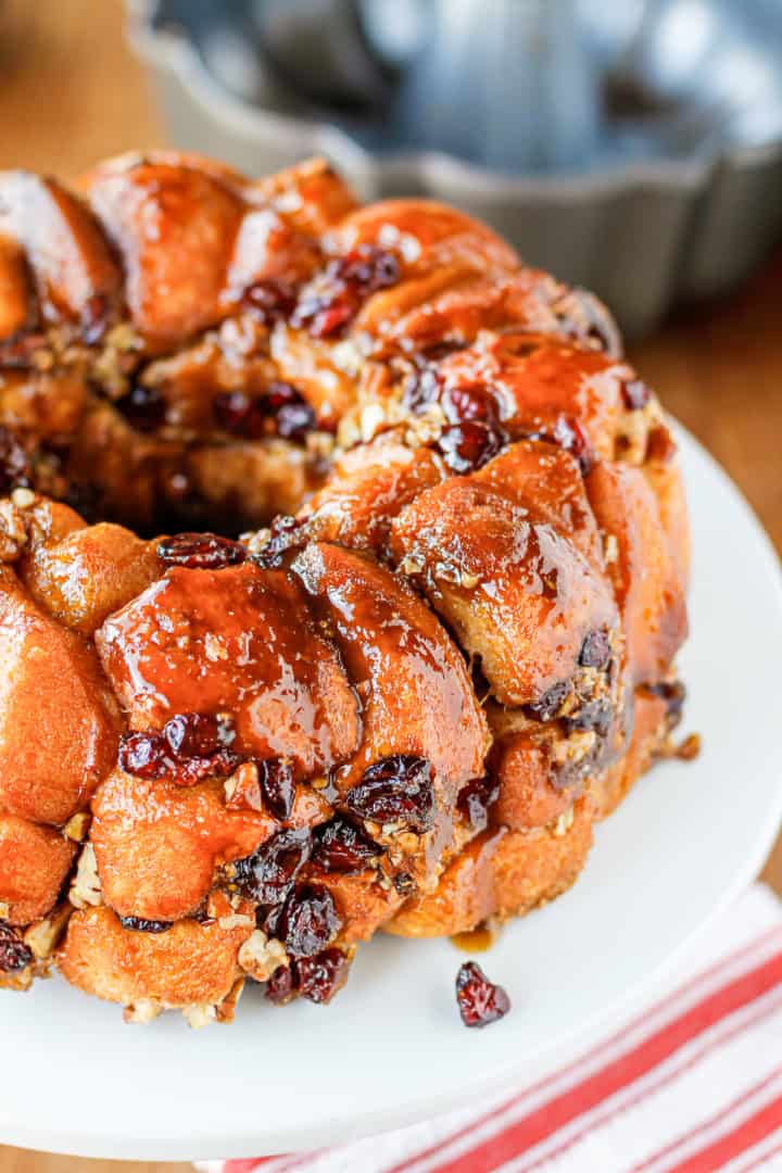 monkey bread with Grands biscuits on a white ceramic cake stand
