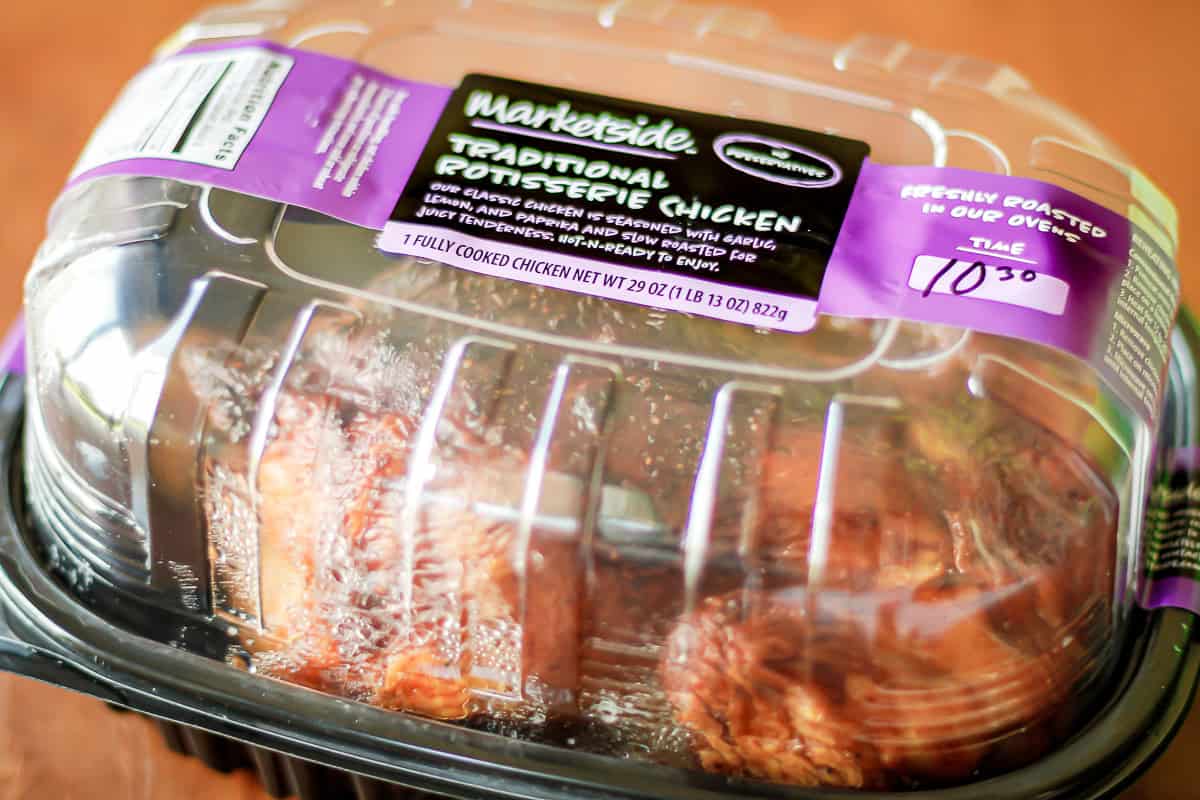 Walmart Marketside rotisserie chicken sealed in a plastic container
