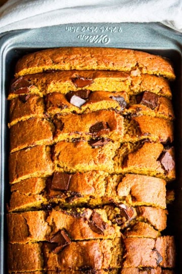 chocolate chip pumpkin bread sliced in a nonstick bread pan