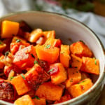 3-ingredient oven roasted butternut squash recipe with bacon in a handmade bowl