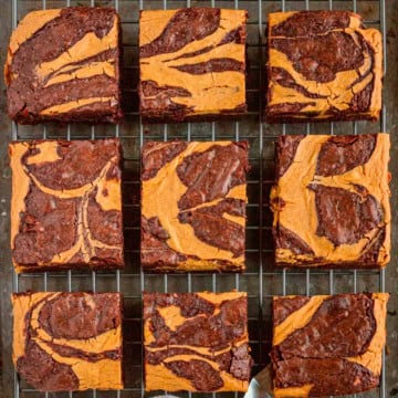 pumpkin brownies swirled with cheesecake cut into squares