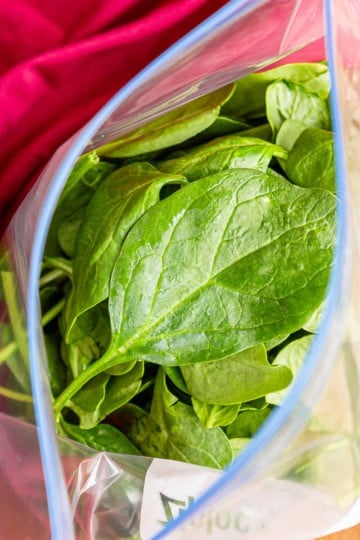 fresh spinach in a plastic ziploc bag