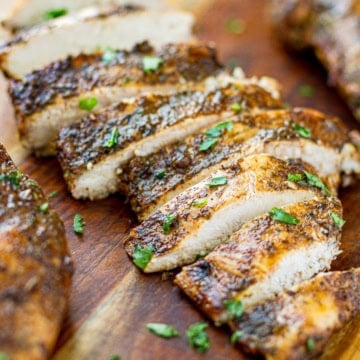 sliced balsamic grilled chicken made with a 4 ingredient chicken marinade
