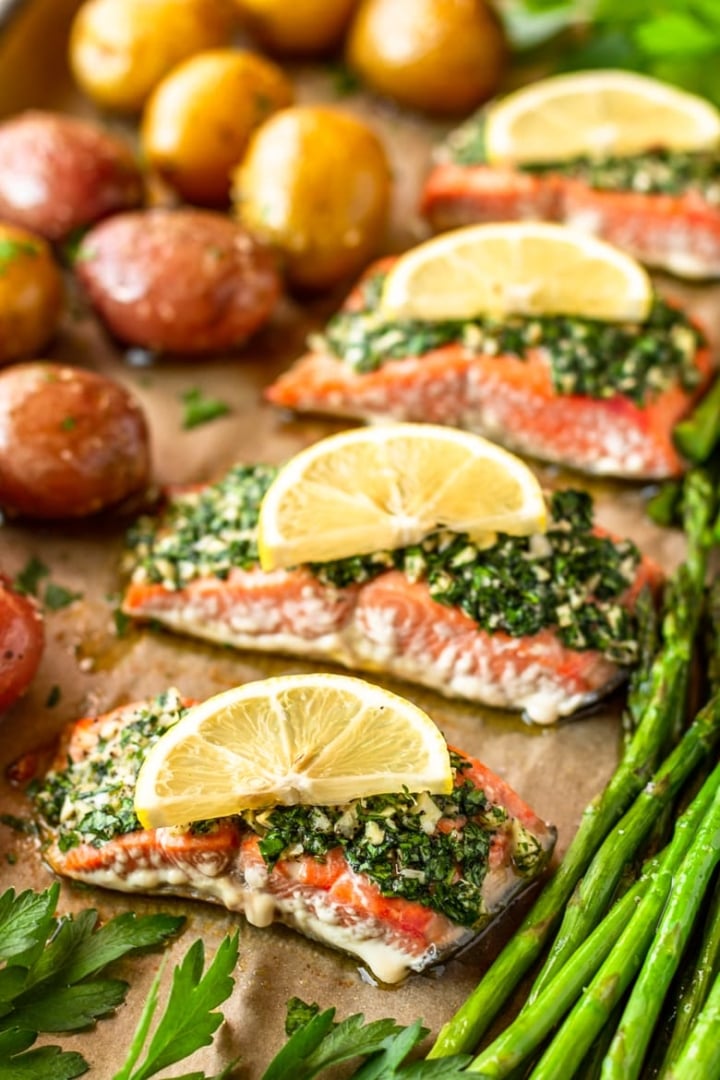 parsley and garlic butter oven baked salmon recipe with asparagus and potatoes