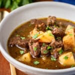 instant pot beef stew in a white ceramic bowl with a gold spoon
