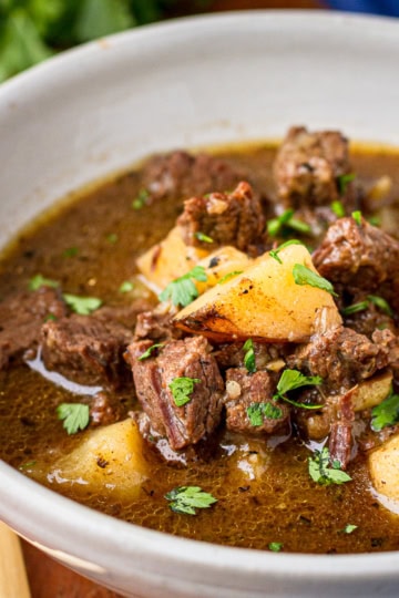 instant pot beef stew in a white ceramic bowl with a gold spoon