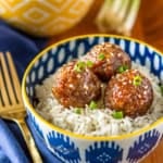 asian maple sausage meatballs served over coconut milk rice