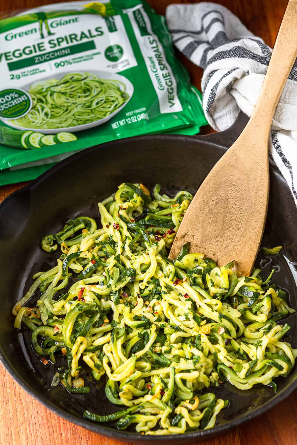 frozen zucchini noodles cooked with garlic and olive oil