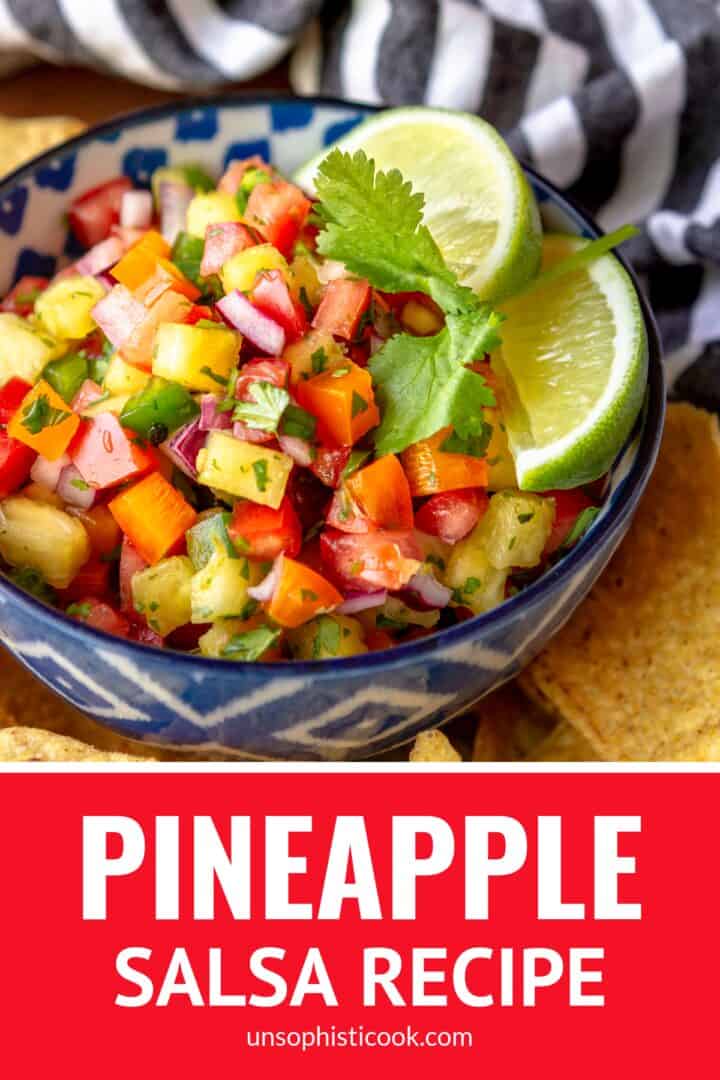 fresh pineapple salsa in a blue and white bowl