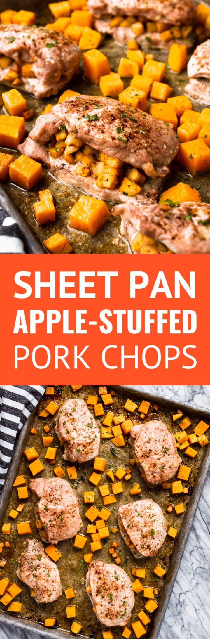 sheet pan apple stuffed pork chops recipe with butternut squash