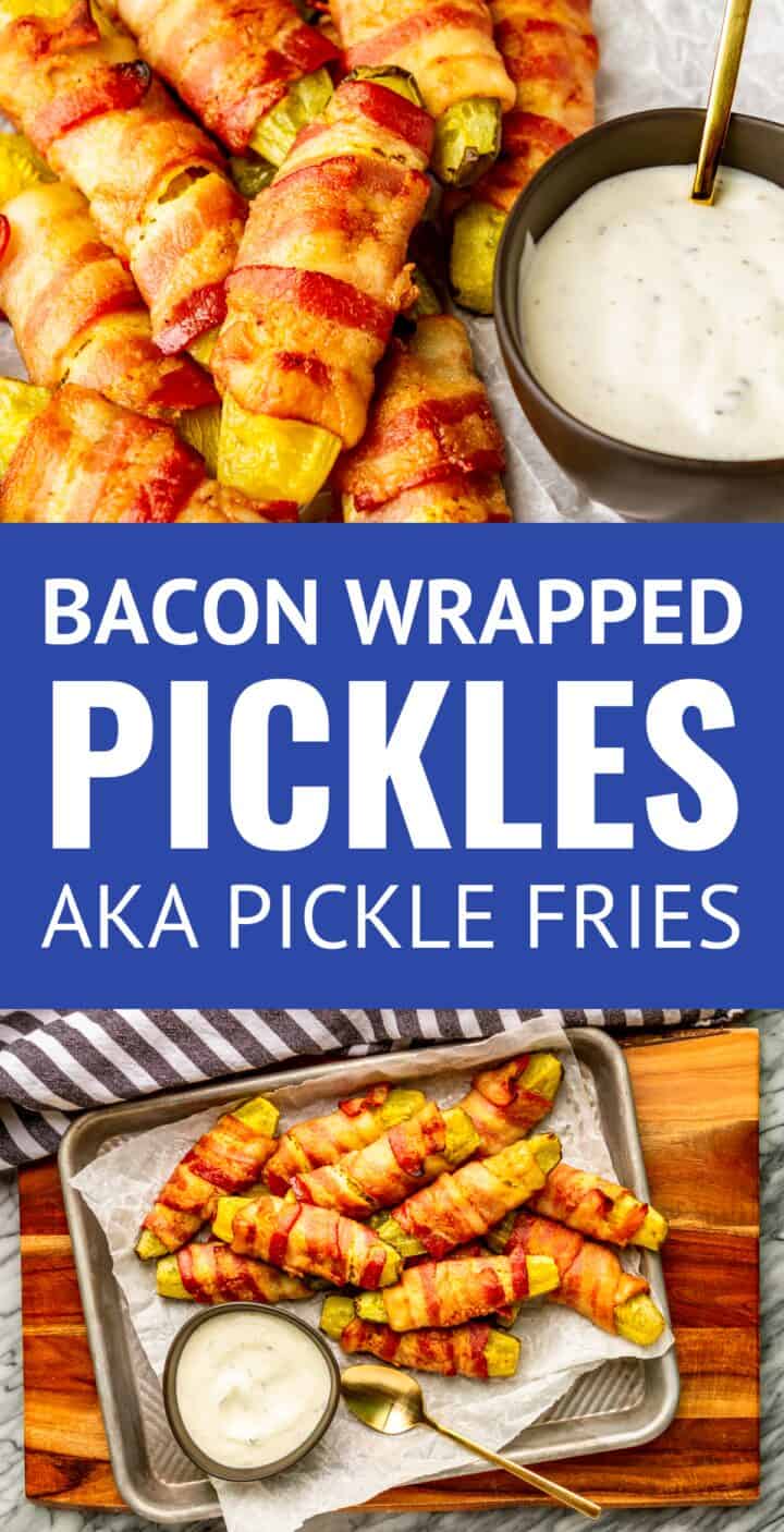 bacon wrapped pickles aka pickle fries served with ranch dressing