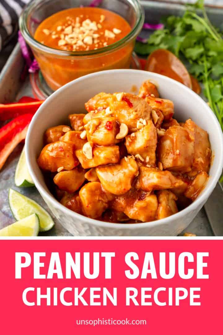 easy peanut sauce chicken in a bowl with colorful veggies