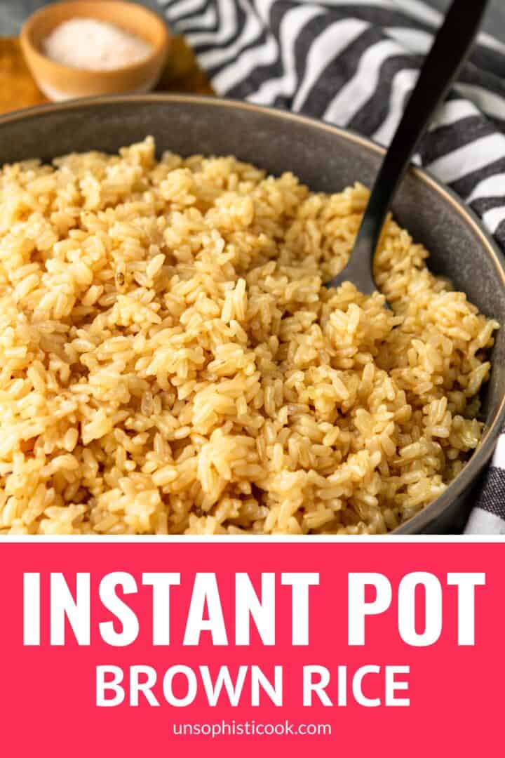 instant pot brown rice recipe with a black spoon