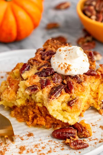pumpkin dump cake recipe served with homemade whipped cream