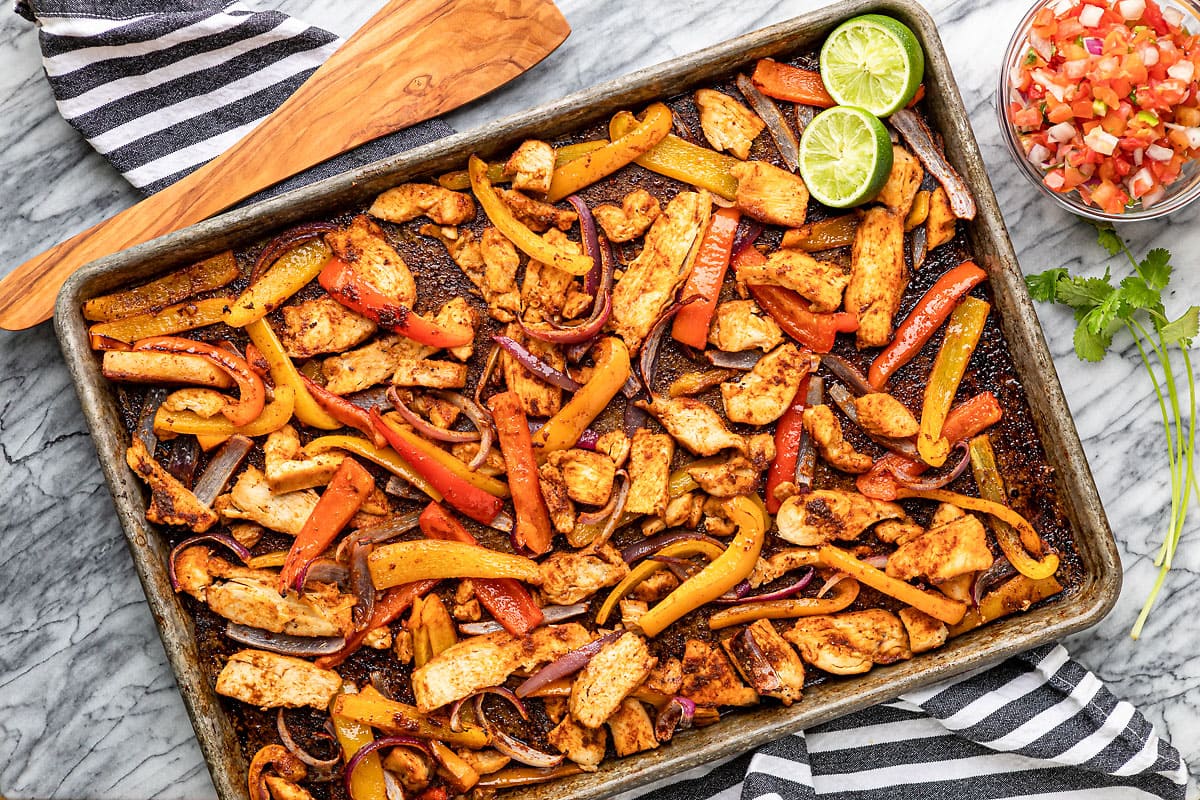 sheet pan with baked chicken fajitas oven