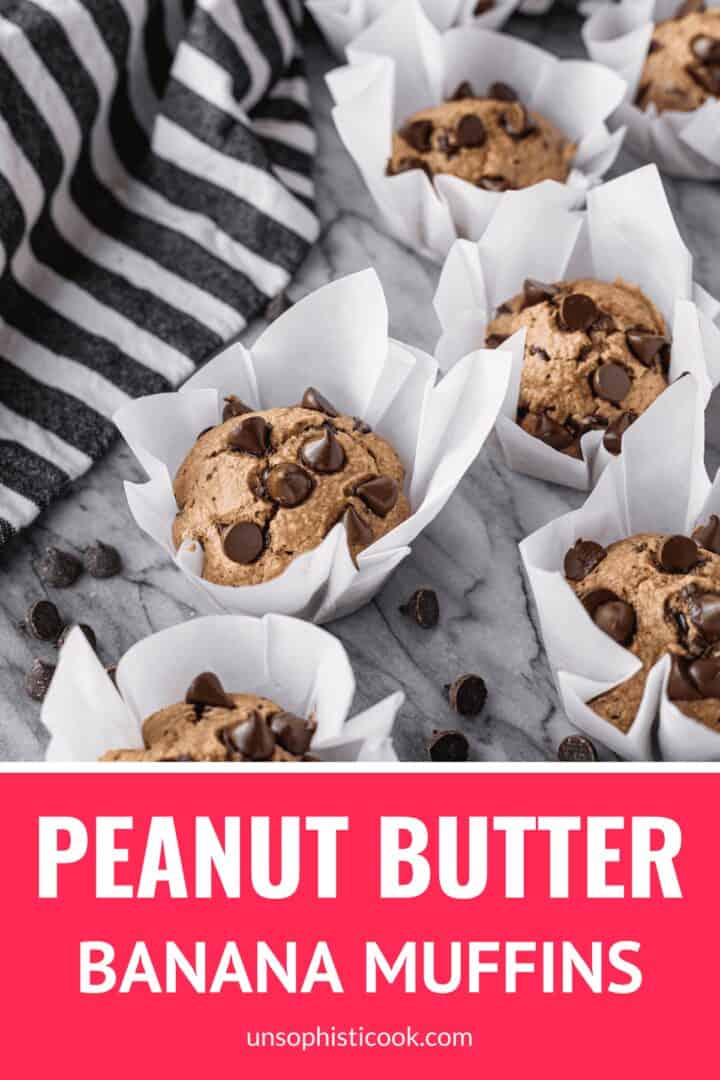 peanut butter banana chocolate chip muffins with a black and white dish towel