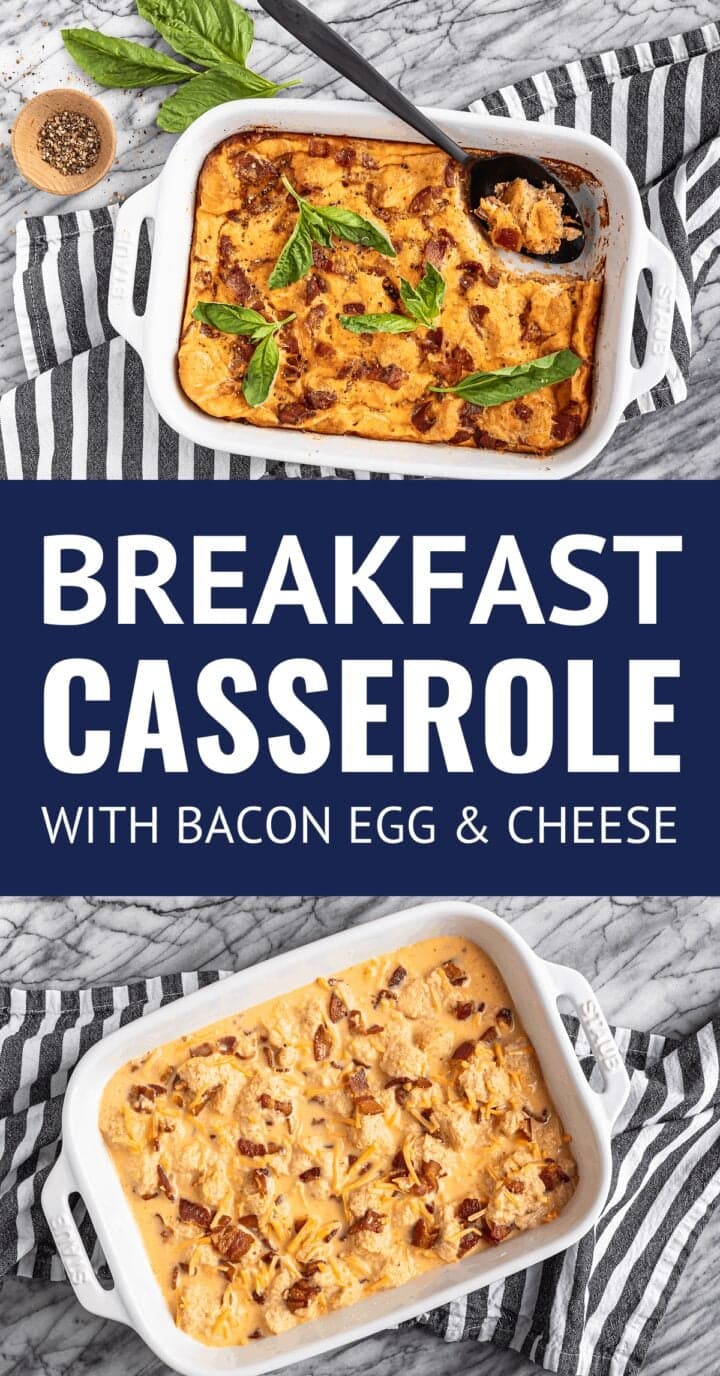 before and after baking breakfast casserole with bacon