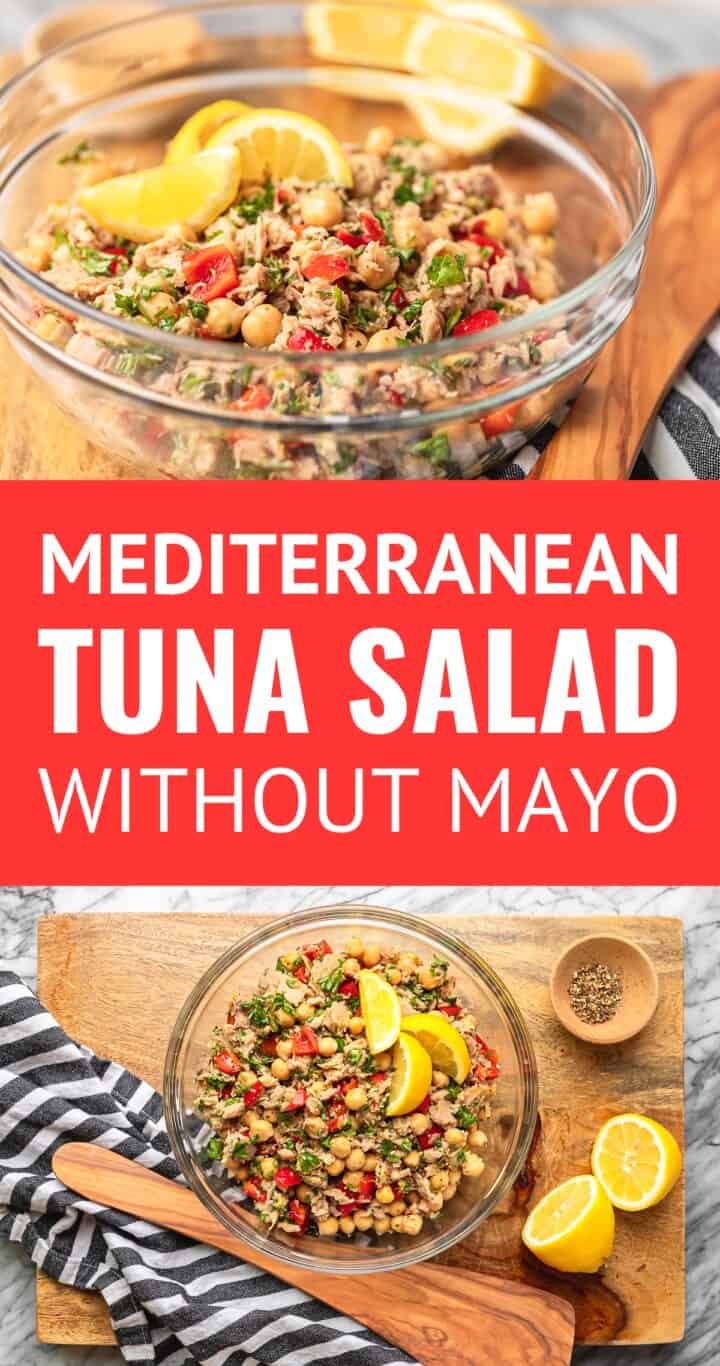 mediterranean tuna salad in a glass bowl collage pinterest graphic