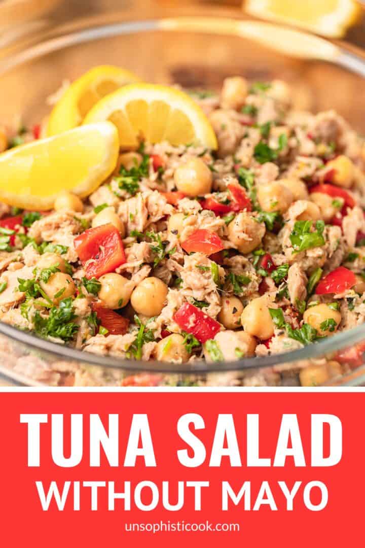 tuna salad without mayo in a glass bowl pinterest graphic