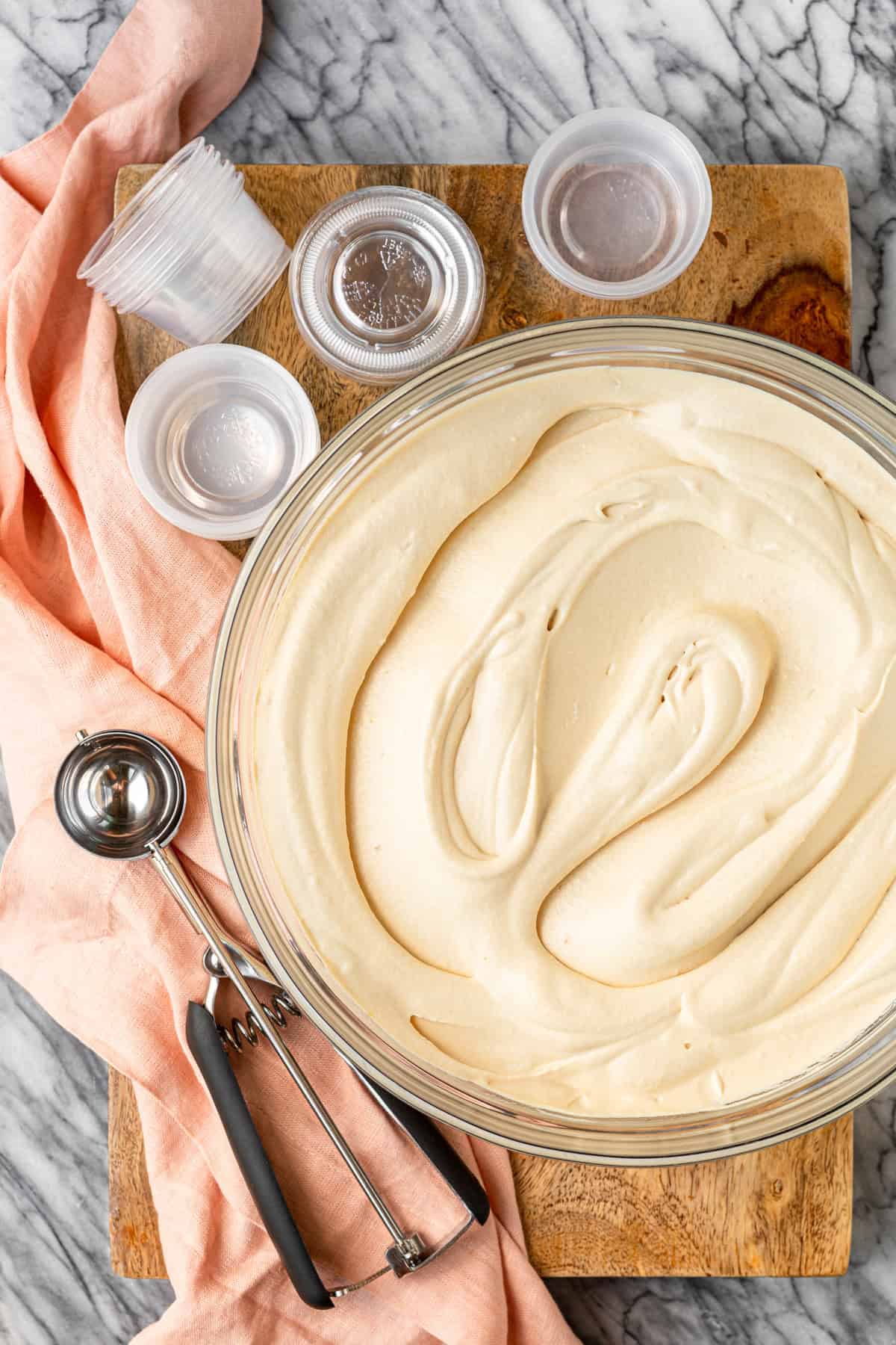 where to buy pudding shot cups for pudding shot mix in a bowl with a cookie scoop