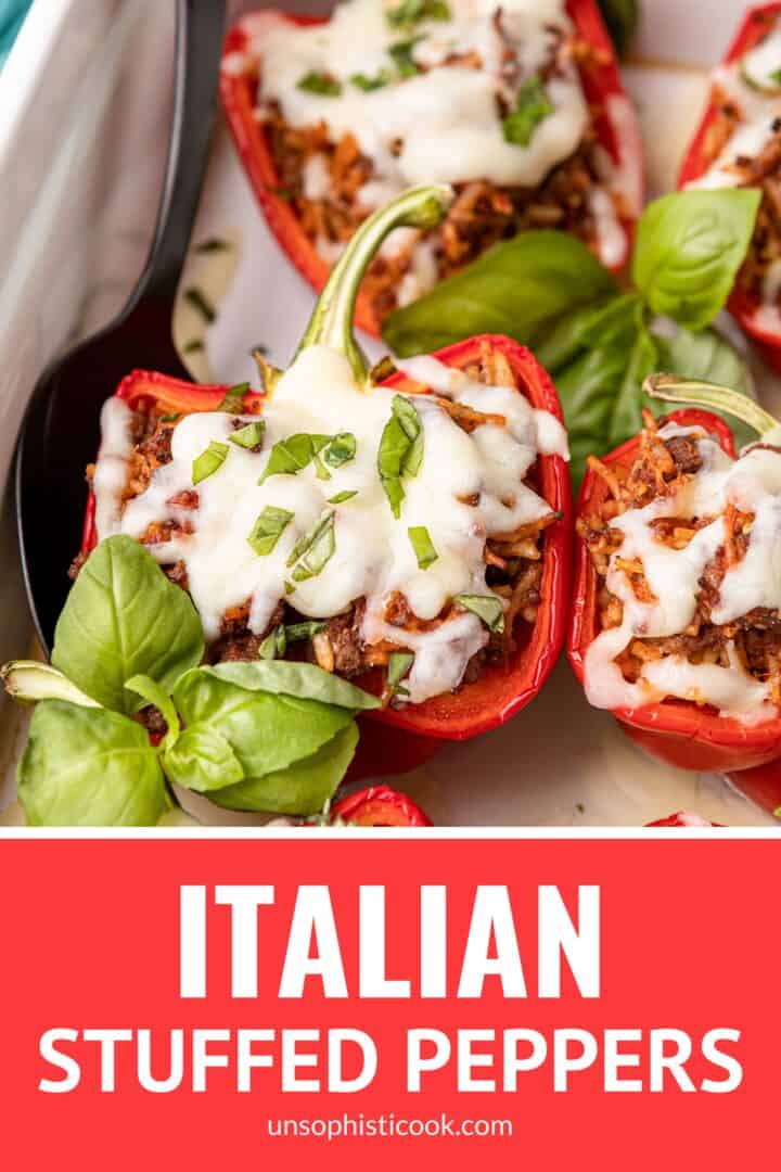 italian ground beef stuffed peppers in a casserole dish pinterest graphic