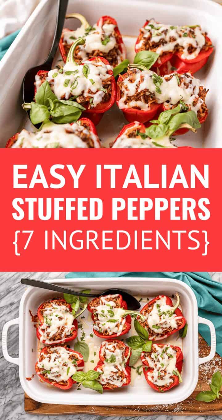 italian stuffed peppers recipe made in a ceramic casserole dish with a basil garnish pinterest graphic