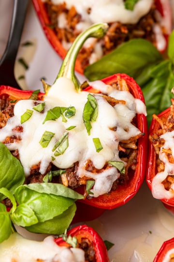 italian stuffed peppers recipe made in a ceramic casserole dish with a basil garnish