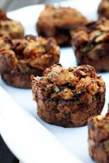stuffing muffins recipe on a white ceramic platter