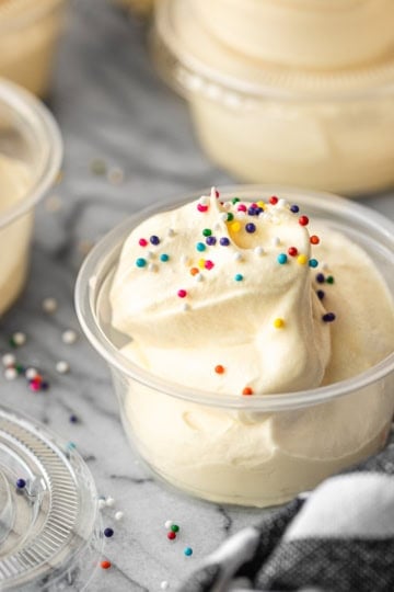 creamy pudding birthday cake shot recipe with colorful sprinkles on top