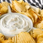 3-ingredient Lawson's chip dip in a ceramic dip bowl with potato chips