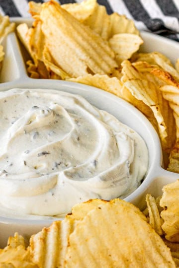 3-ingredient Lawson's chip dip in a ceramic dip bowl with potato chips