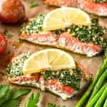 baked sockeye salmon topped with a garlic parlsey rub and slice of lemon