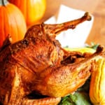 deep fried turkey with crispy skin on a bed of kale with squash