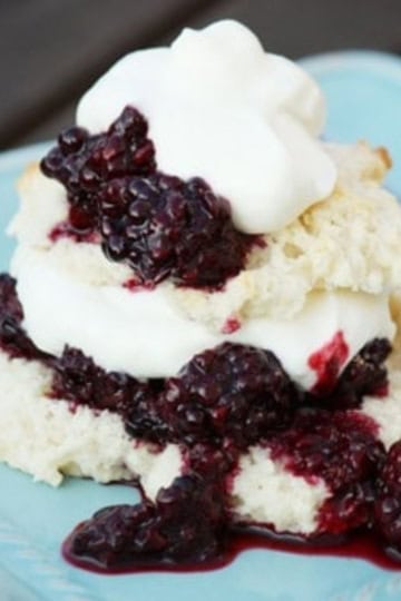 easy shortcake topped with blackberry sauce and whipped cream on a teal plate