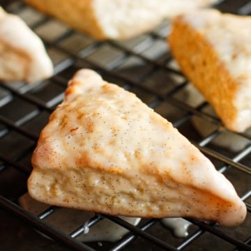 copycat starbucks vanilla bean scones on a wire cooling rack