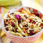 broccoli ramen salad in a patterned ceramic bowl