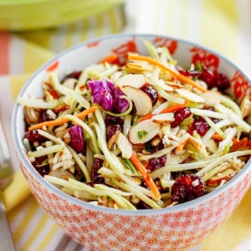 broccoli ramen salad in a colorful patterned ceramic bowl